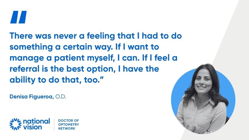 Graphic featuring a quote from Dr. Denisa Figueroa alongside her portrait and the National Vision Doctor of Optometry Network logo.
