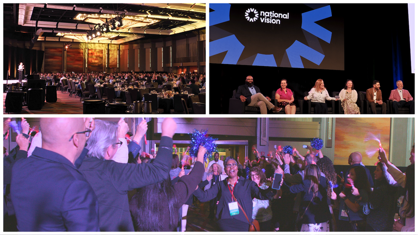 Collage of a corporate conference featuring keynote presentations, panel discussions, and attendee networking activities.